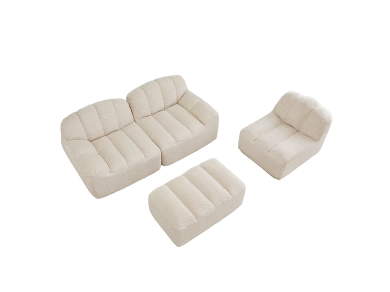  Canapé d'angle modulable 3 places avec pouf intégré - tissu bouclette beige blanc - assise profonde  - Conforama A