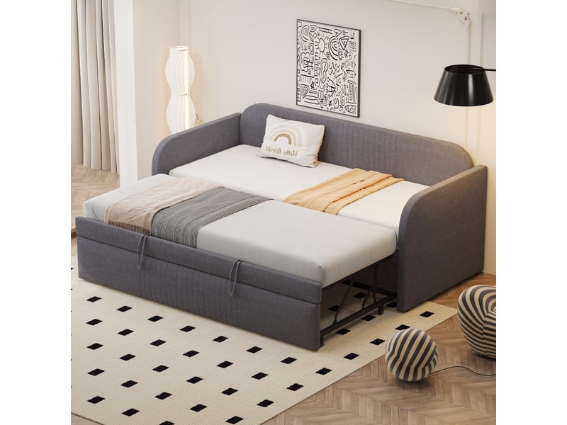 Lit enfant rembourré 90x180190 cm, cadre de lit adulte avec cadre en lin, lit simple multifonction, lit 1 personne, gris  - Conforama A
