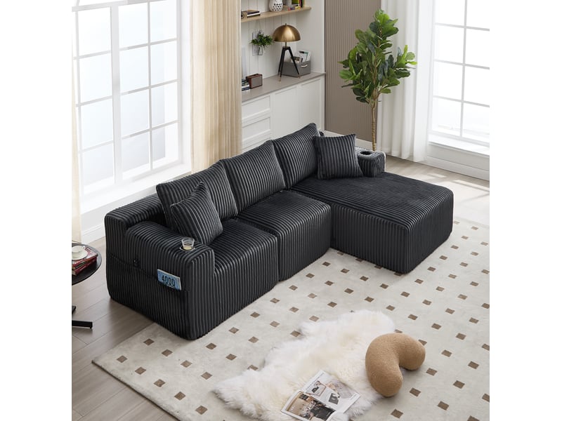  Canapé modulable modenvie 3 places avec méridienne velours côtelé gris 257 x 160 cm  - Conforama E