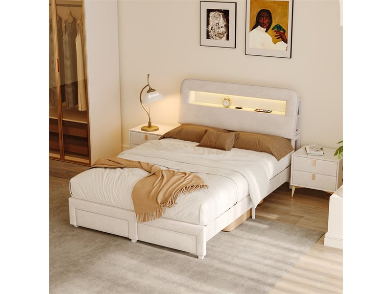  Lit 160x200cm - lit double 160x200cm - lit avec tête de lit velours, 2 tiroirs, led et usb type-c - blanc cassé  - Conforama C