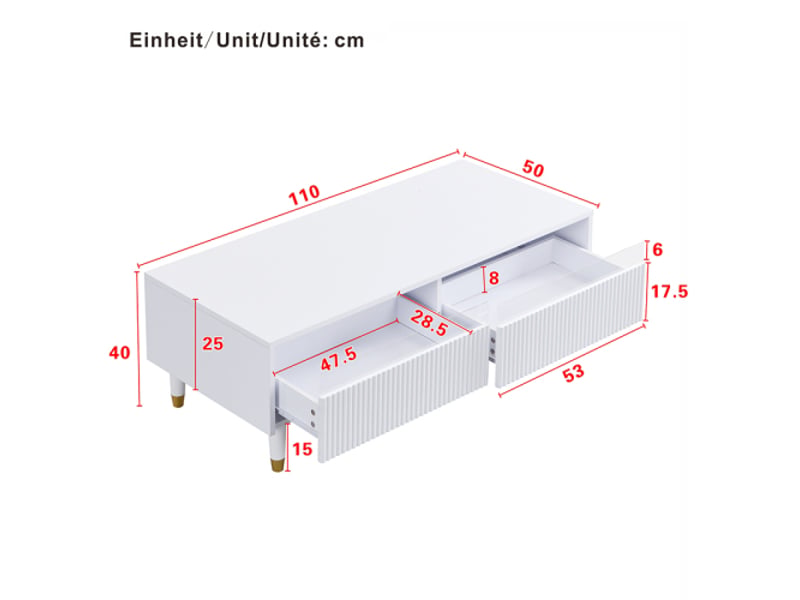  Table basse led moderne ondulée à 2 tiroirs — pieds dorés et blancs, bande lumineuse rgb, meuble tv assorti disponible  - Conforama C