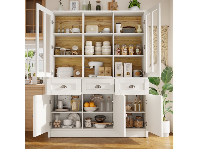  Buffet haut modenvie 140 x 38,5 x 175 cm en mdf et acrylique blanc avec 3 tiroirs et rangements  - Conforama D