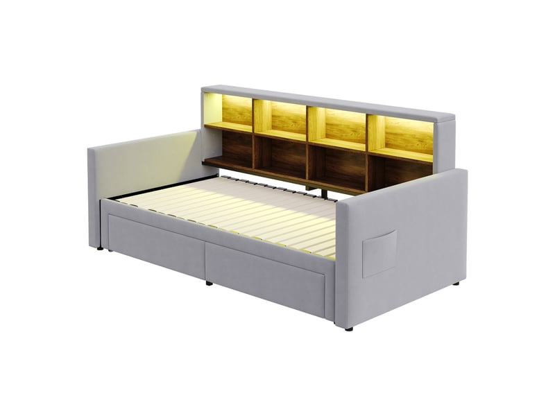 Lit gigogne enfant 90x190 cm canapé-lit avec led et tiroirs, velours, gris clair, sans matelas - Conforama D
