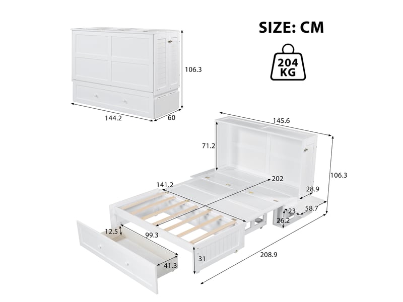  Lit escamotable 140x200cm, lit adult, lit double, lit d'appoint, avec étagères, tiroir, pin + mdf blanc, sans matelas  - Conforama E