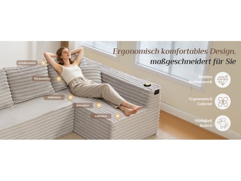  Canapé panoramique modulable 320 x 155 x 88 cm avec 2 méridiennes, assise à ressorts et porte-gobelets, velours côtelé, gris clair Morn Vibe - Conforama E