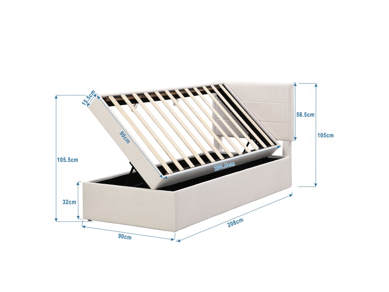  Lit simple beige 90x200 cm avec sommier métal et grand coffre de rangement  - Conforama C