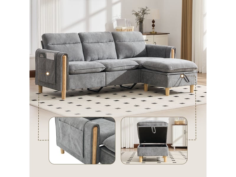 Canapé d'angle forme l style nordique ottoman de rangement poches latérales pieds en bois tissu chenille gris - Conforama D