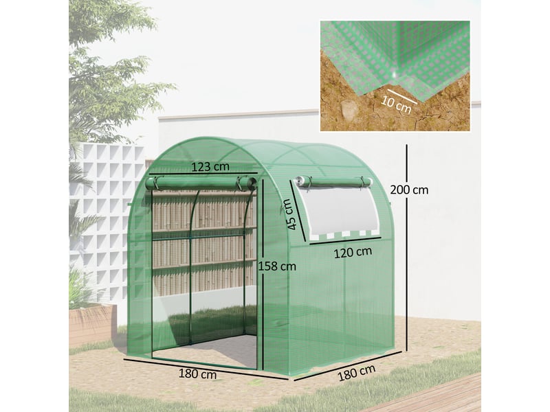  Serre de jardin 180x180x200 cm, petite serre tunnel avec porte enroulable et fenêtre en filet vert  - Conforama E