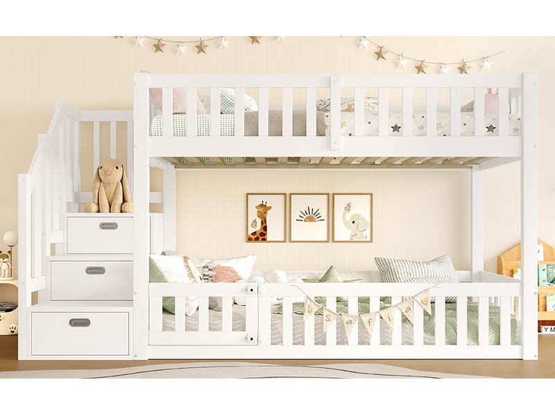  Lit mezzanine blanc 90x200 cm avec bureau, échelle et rangements intégrés – sans matelas  - Conforama E