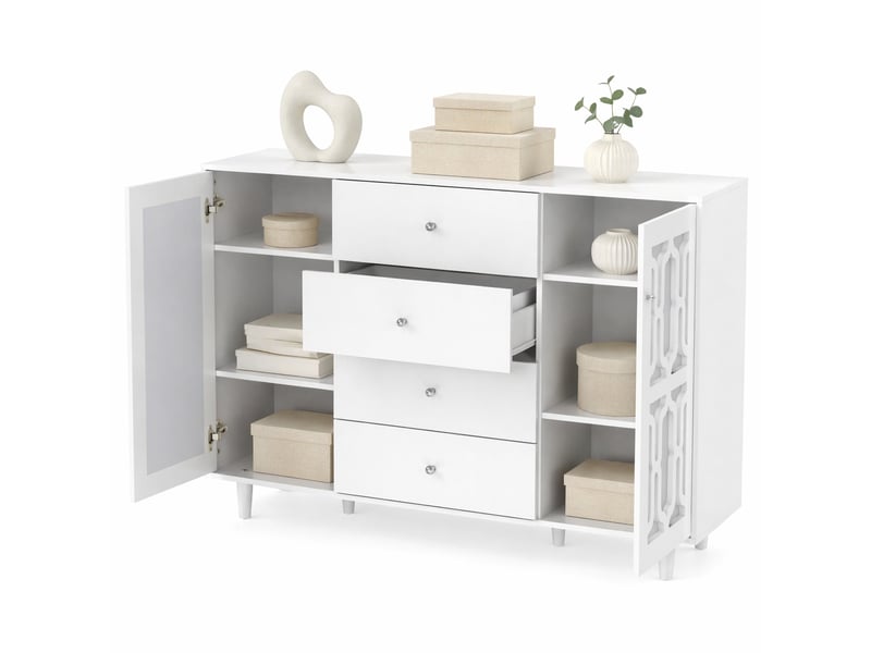  Buffet haut blanc avec portes à décor miroir et poignées effet cristal, 147,5 x 40 x 102 cm  - Conforama A
