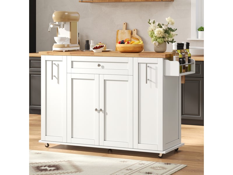  Îlot de cuisine mobile 120x45(70) cm avec plateau pliant, rangement, 3 tiroirs verticaux, étagères portes, roulettes - blanc et bois  - Conforama C