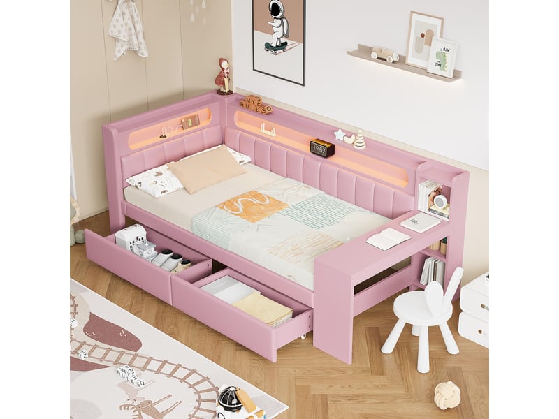  Lit avec rangement 90x200 cm coloris rose led mdf lit enfant rose - Conforama B