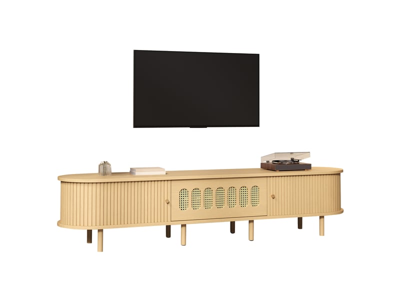  Meuble tv 180 x 40 x 40 cm – bois clair – façade effet rotin, portes roulantes et rangement fermé  - Conforama A