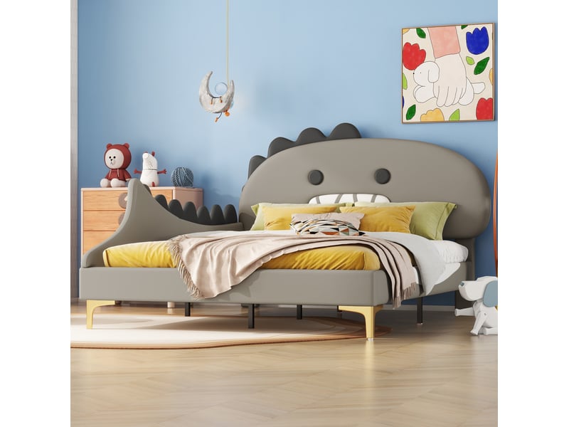  Lit enfant dinosaure 140x200 cm en pu gris  - Conforama D