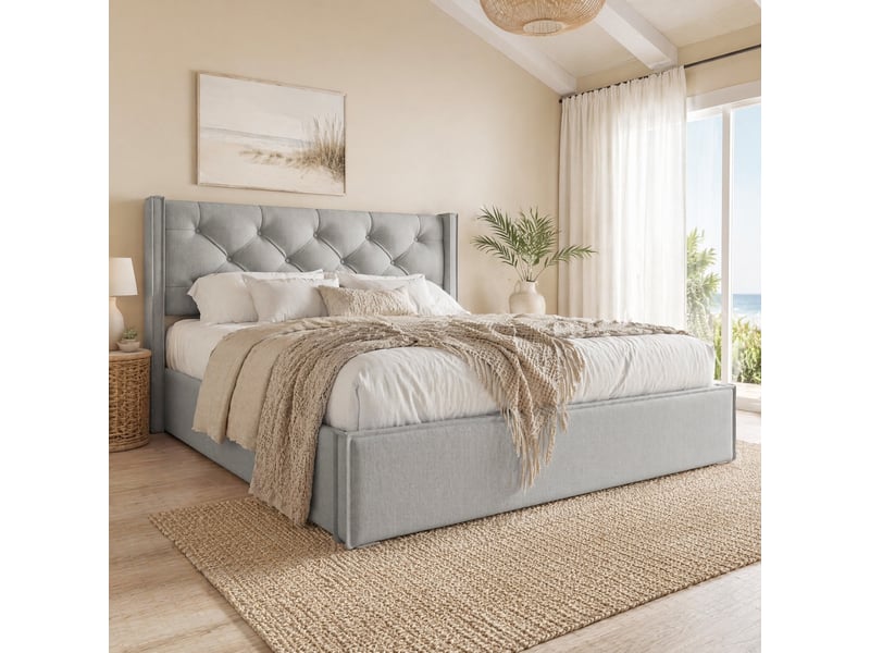  Lit coffre capitonné 140x200 cm en coton gris clair  - Conforama D
