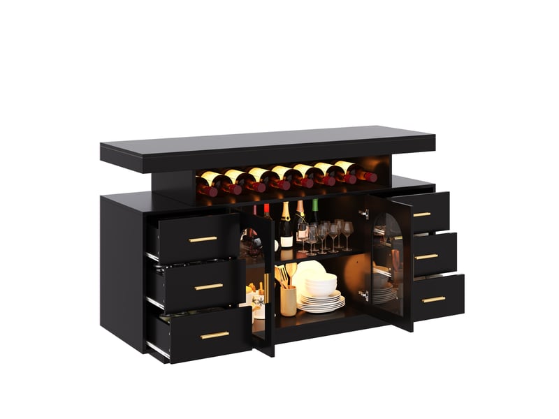 Buffet 140x40x82 cm avec led, 6 tiroirs et 2 portes vitrées noir - Conforama A