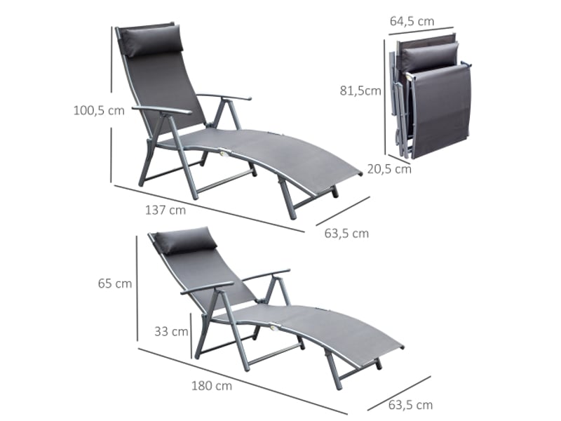 Transat pliable,180x63,5x100,5 cm,dossier 7 positions,métal,gris - Conforama C