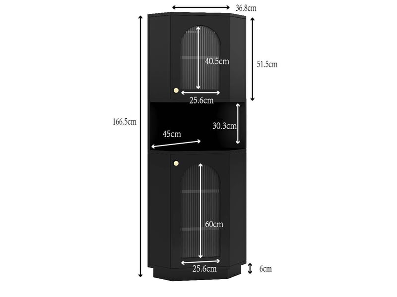 Meuble de rangement pour salle de bain, armoire de bain avec bande lumineuse, meuble d'angle à deux compartiments d'étagères ouvertes avec parois réglables, 45x45x166,5 cm, noir - Conforama C