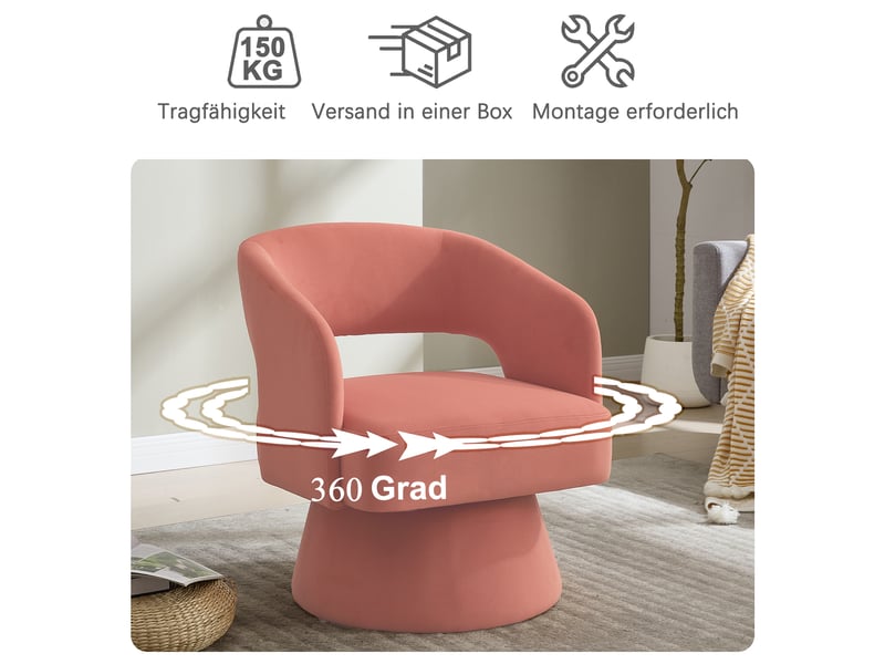  Fauteuil pivotant 360°,68x66x75 cm,avec dossier ouvert,chenille,rose  - Conforama E