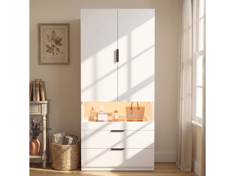 Armoire 90 x 50 x 200 cm avec éclairage led, tiroir à bijoux, penderie, vitre de protection et 3 tiroirs, meuble moderne à portes battantes pour chambre ou dressing OPULERANE TRADING LTD - Conforama E