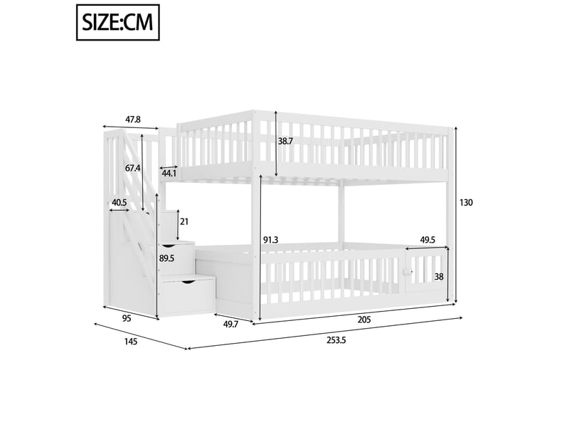  Lit superposé enfant 140 x 200 cm avec escalier à tiroirs et barrières, blanc  - Conforama C