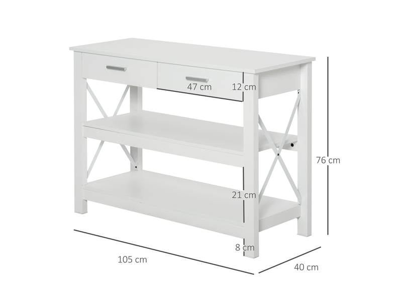  Console, table d'entrée, guéridon avec 2 tiroirs et étagères inférieures, structure en métal, 105 x 40 x 76 cm, blanc  - Conforama E