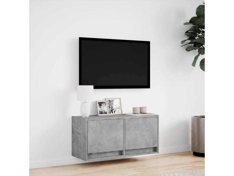  Meuble tv - banc tv - meuble de rangement mural avec lumières led gris béton 80x31x35 cm  - Conforama D