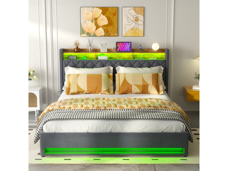  Lit coffre rembourré 180x200 avec led, usb et rangement cravdom  - Conforama C