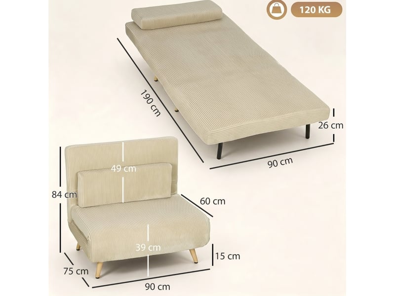 Fauteuil-lit 3-en-1 90 x 190 cm – beige – dossier réglable 6 positions et mécanisme clic-clac avec coussin - Conforama C