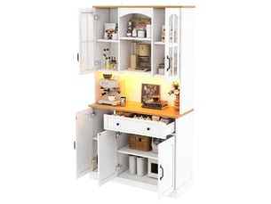 Buffet de cuisine haut led avec portes vitrées, tiroir et étagères réglables, pour cuisine, blanc, 100 × 38 × 178 cm