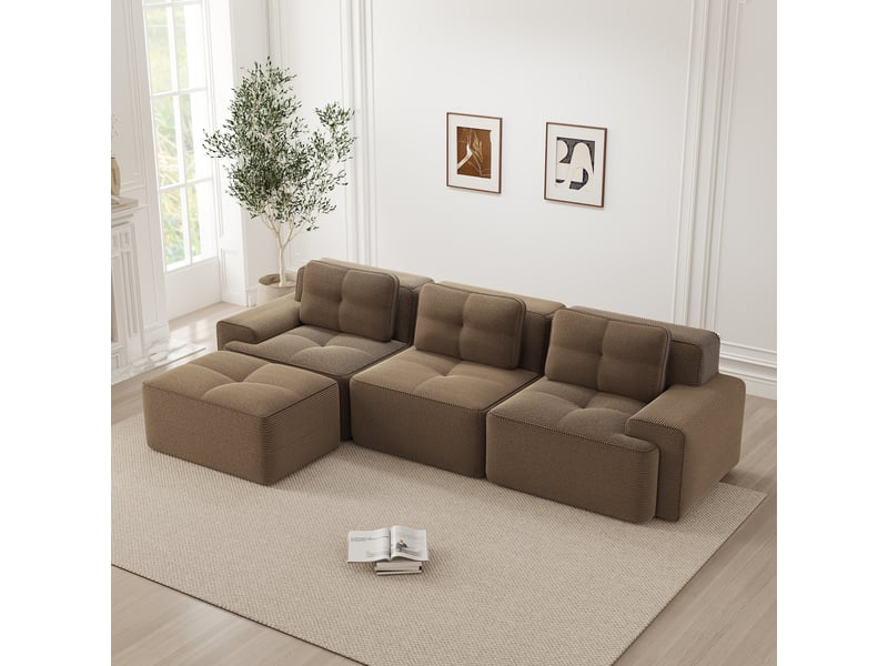 Canapé d'angle, canapé modulable : avec pouf, sans montage, sans cadre, style cloud, marron, en velours tricoté, 3 places - Conforama A
