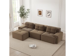 Canapé d'angle, canapé modulable : avec pouf, sans montage, sans cadre, style cloud, marron, en velours tricoté, 3 places