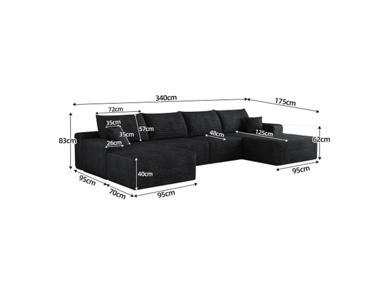  Canapé d'angle noir 340 cm en l - modulaire, chaise-longue, siège profond, sans montage, compressé, séjour et chambre  - Conforama C