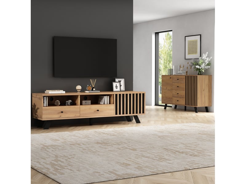  Ensemble meuble tv 150x38x44 cm et buffet 120x38x75 cm naturel et noir  - Conforama B