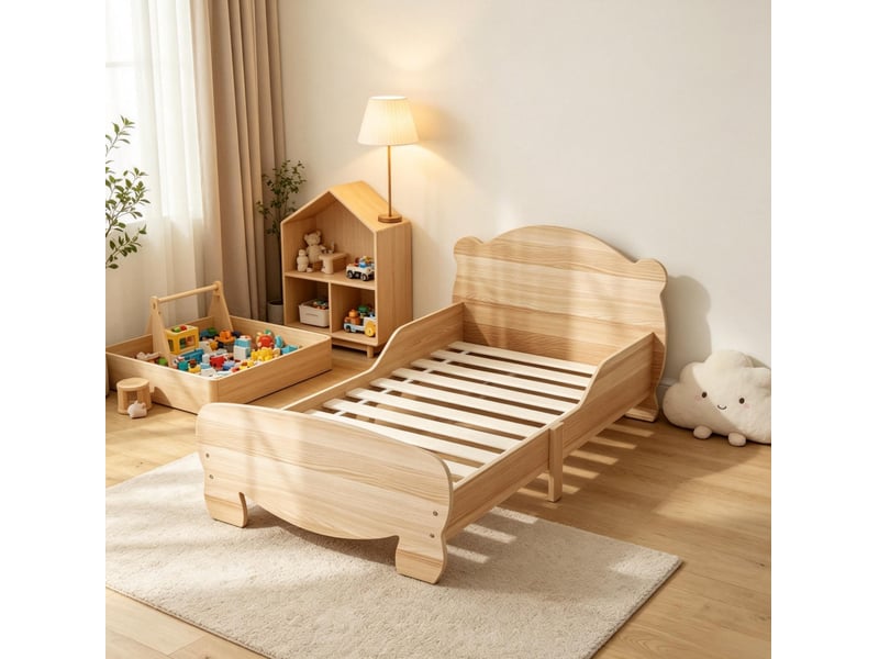  Lit enfant 70 x 140 cm en mdf coloris bois naturel avec barrières latérales et motif ours  - Conforama D
