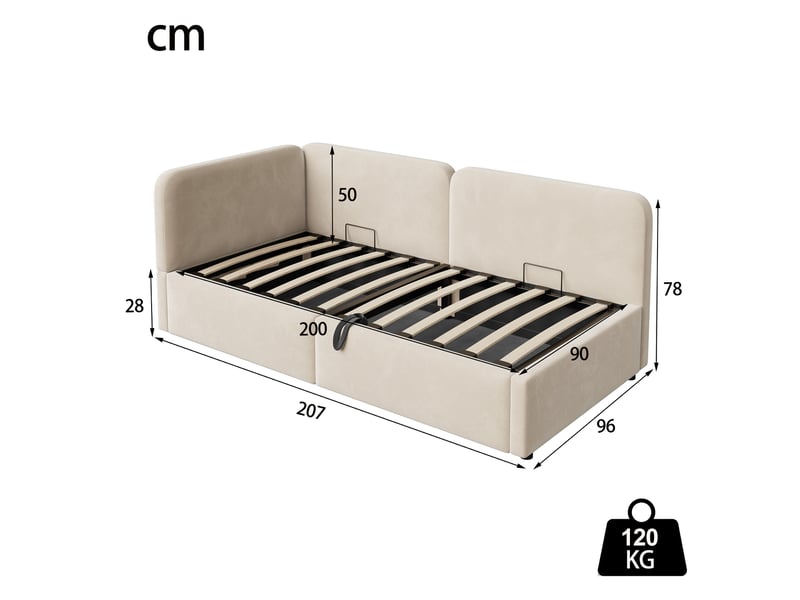  Lit banquette 90x200 cm avec rangement hydraulique et dossier réversible, mdf, métal, bois, couleur beige, sans matelas  - Conforama C