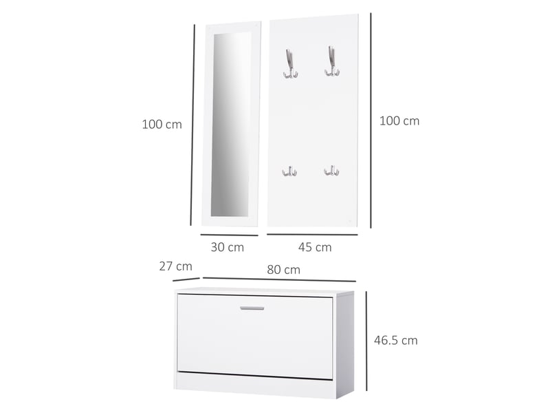  Ensemble de 3 meubles d'entrée en bois comprenant un porte-chaussures, un porte-manteau et un miroir, 80 x 27 x 46,5 cm - blanc  - Conforama E