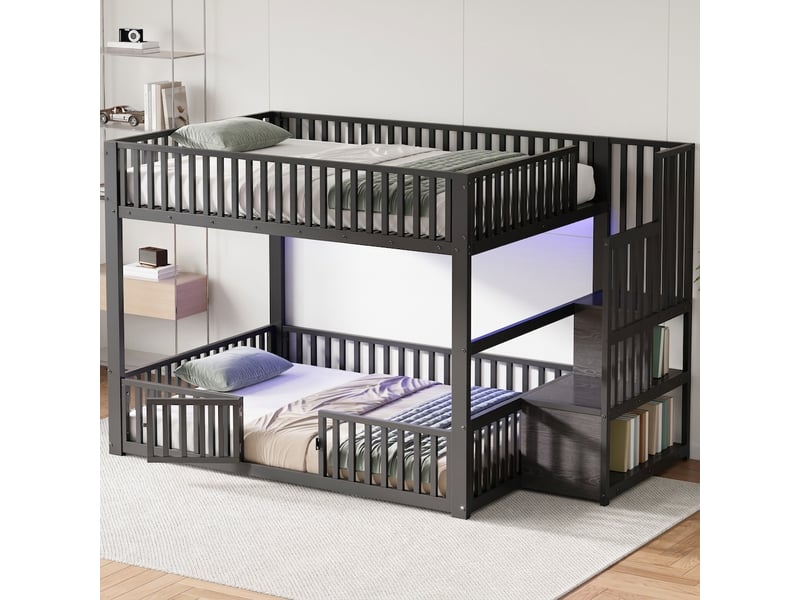  Lit superposé 140x200 avec rangement et led, métal, noir  - Conforama D