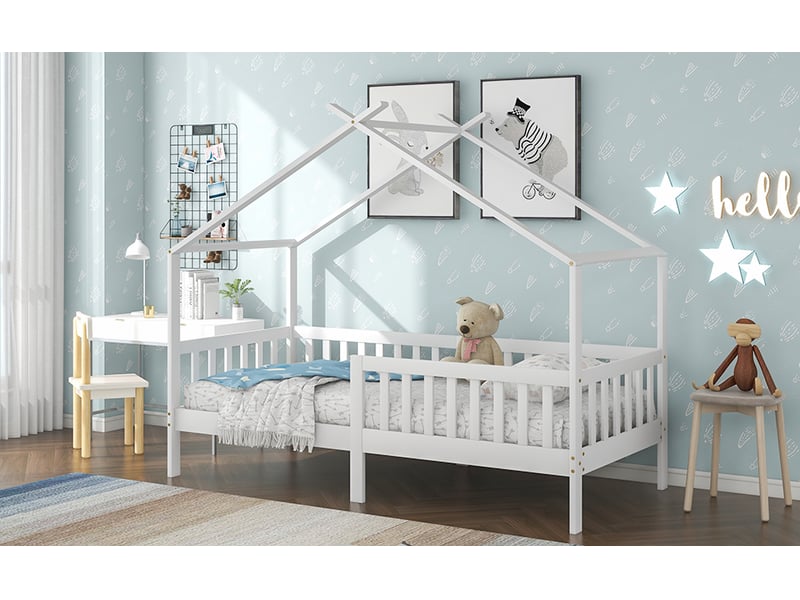  Lit cabane enfant simple 90×200 cm avec barrière et rangement  - sans matelas, bois massif blanc  - Conforama E