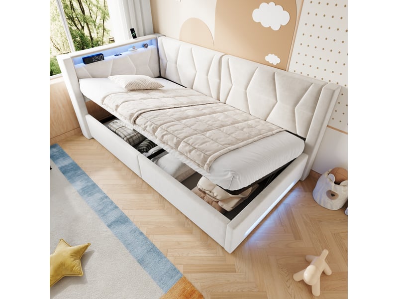  Lit coffre modenvie 90 x 200 cm en velours beige avec led, usb et type c, sommier à lattes  - Conforama B
