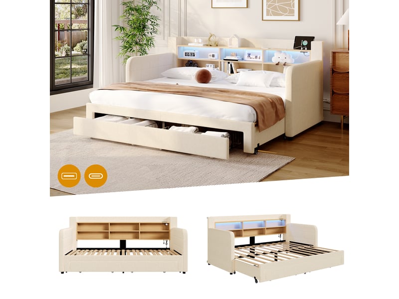  Canapé-lit 90 x 200 cm - avec lit gigogne - avec éclairage led - avec 2 tiroirs - tissu velours - beige (matelas non inclus)  - Conforama R