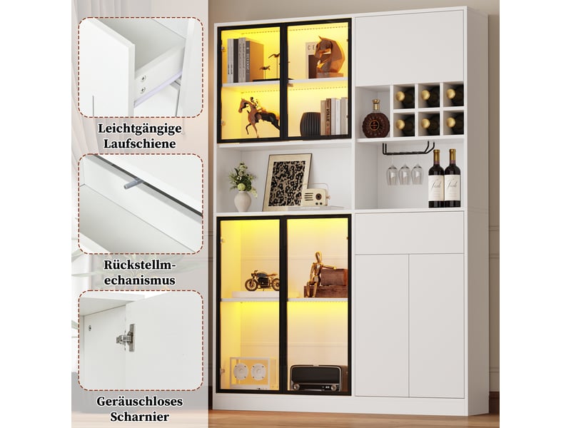  Vitrine 140 x 30 x 200 cm avec led, 7 portes, 1 tiroir, 6 casiers à vin et porte-verres suspendu, grand meuble multifonction pour salon, blanc, pour aménagement intérieur moderne OPULERANE TRADING LTD - Conforama D