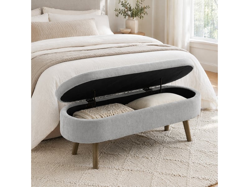  Banc de rangement 110x40x42 cm avec coffre 20 l, pieds en bois, pour chambre et salon, assise en tissu chenille, gris  - Conforama B