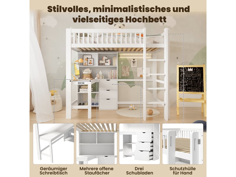 Lit mezzanine enfant 90 x 200 cm avec bureau, 3 tiroirs et étagères ouvertes, échelle et sommier à lattes inclus, pin, blanc Morn Vibe - Conforama E