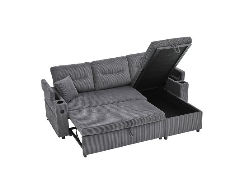  Canapé 3 places 212,5x136x86cm, porte-verres et ports usb-c, avec espace de rangement, confortable et tendre, velours côtelé gris carbone  - Conforama A