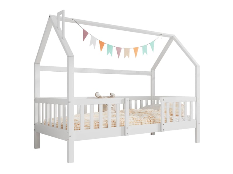  Lit cabane enfant 90x200cm - blanc pin massif barrière sécurité - lit enfant - design cheminée sommier lattes inclus  - Conforama A