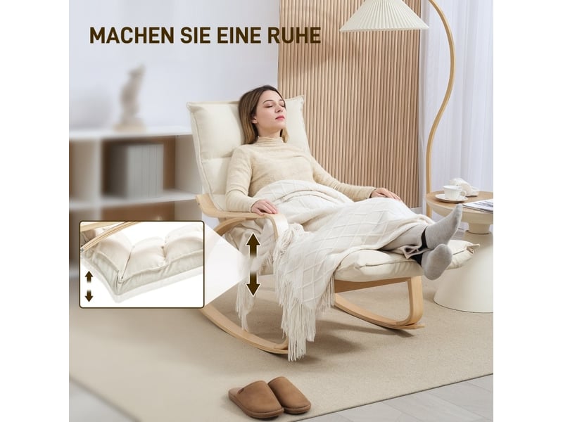  Rocking-chair avec repose-pieds réglable 5 positions et dossier inclinable, accoudoirs, en polyester crème  - Conforama E
