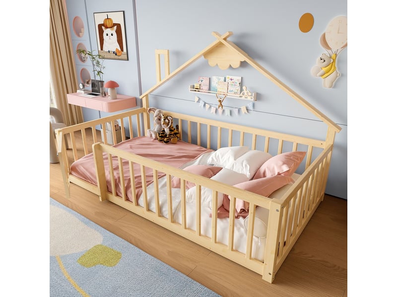  Lit cabane enfant 90x190 cm bois naturel premium anti-chute - lit enfant - lit au sol ludique avec verrou sommier inclus  - Conforama A