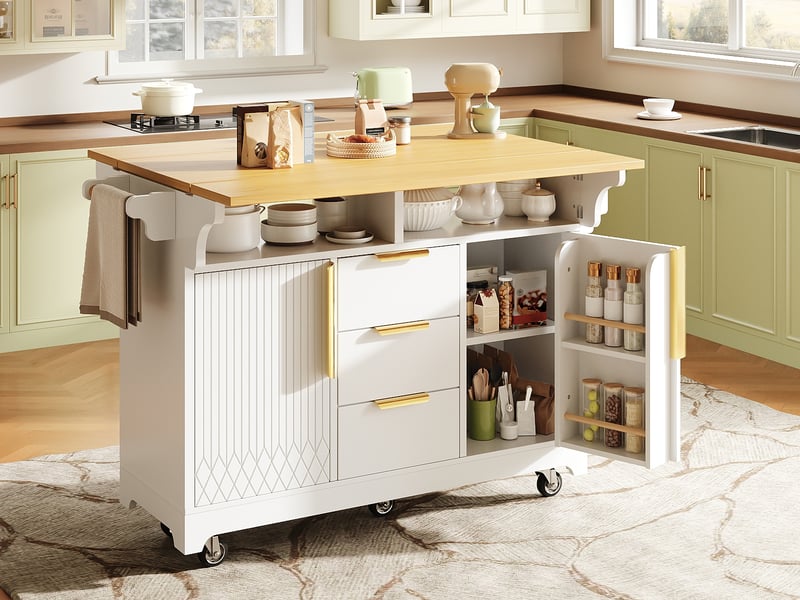  Desserte de cuisine multifonction avec table extensible, portes verticales, 3 tiroirs et roulettes, 120x40x95 cm, blanc  - Conforama B