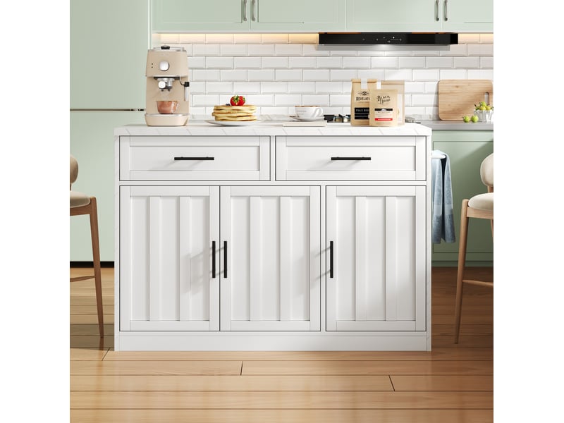 Îlot de cuisine 120x60x91 cm comptoir-bar 20 cm rangements 2 tiroirs 3 portes prises 2 ports usb plan 2,4 cm mdf blanc - Conforama B